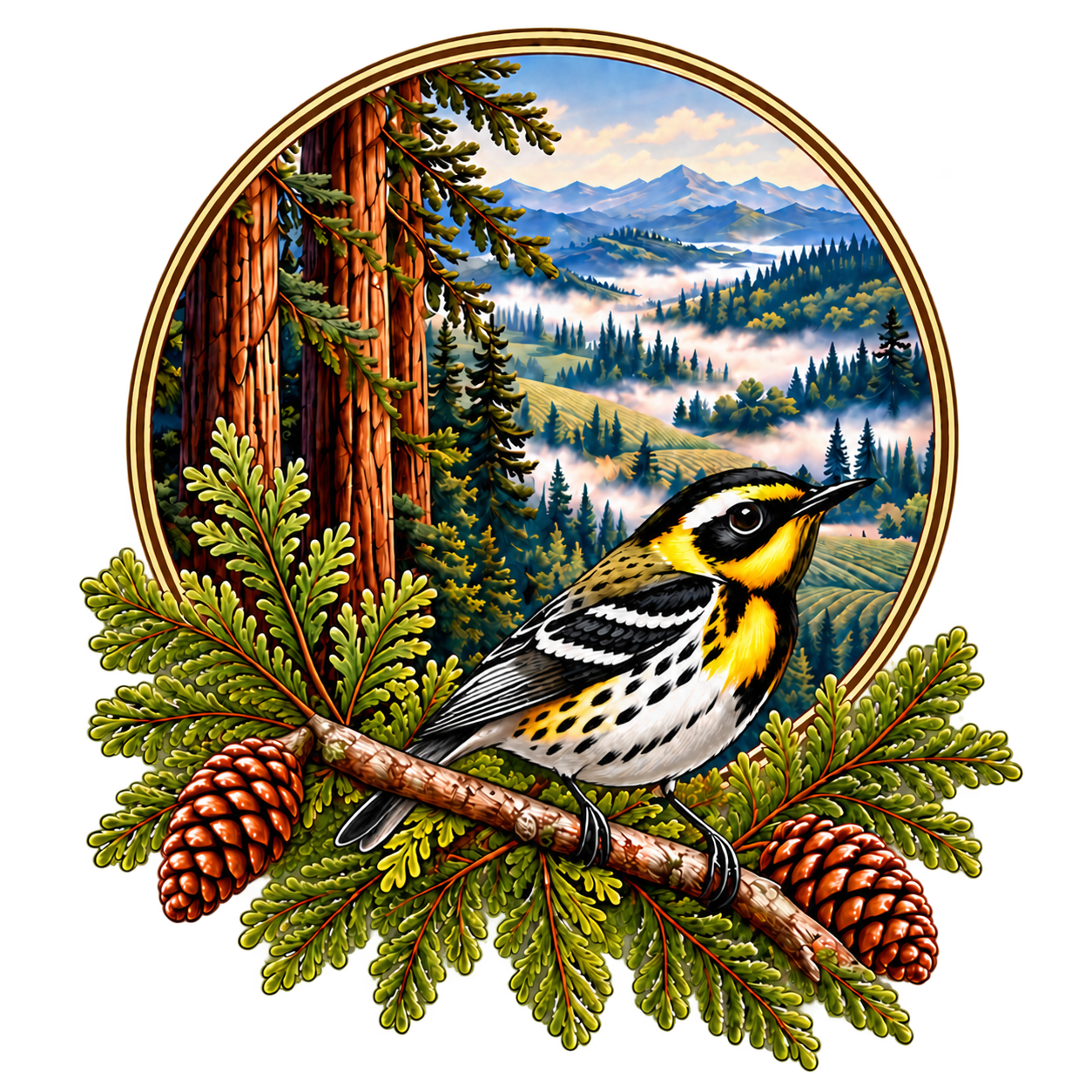 Big Willie's Birding Tours illustrated Townsend's warbler, redwoods, foggy vineyards and Napa mountain landscape
