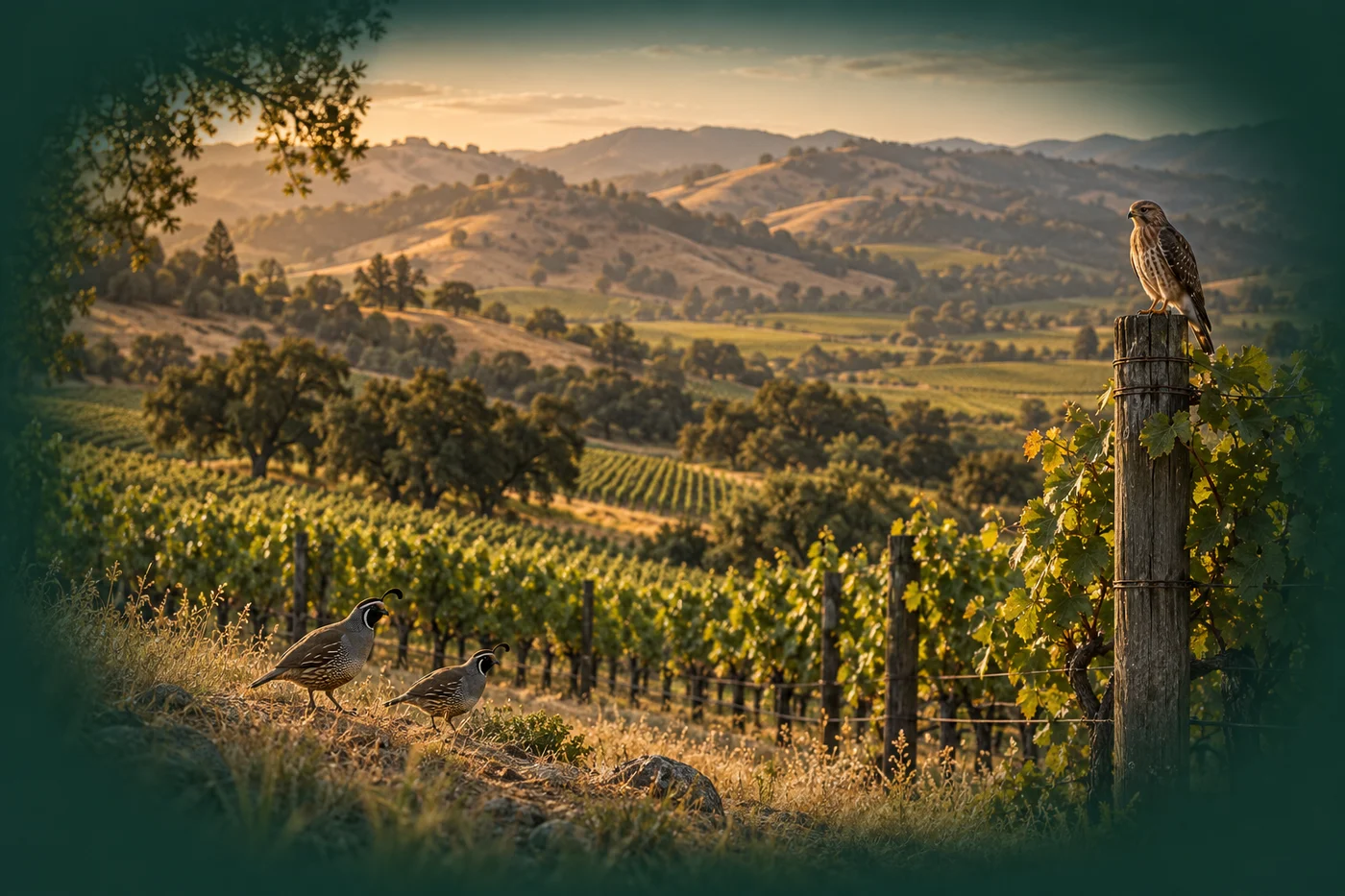 Illustrative vineyard scene with quail near the vines and a perched hawk