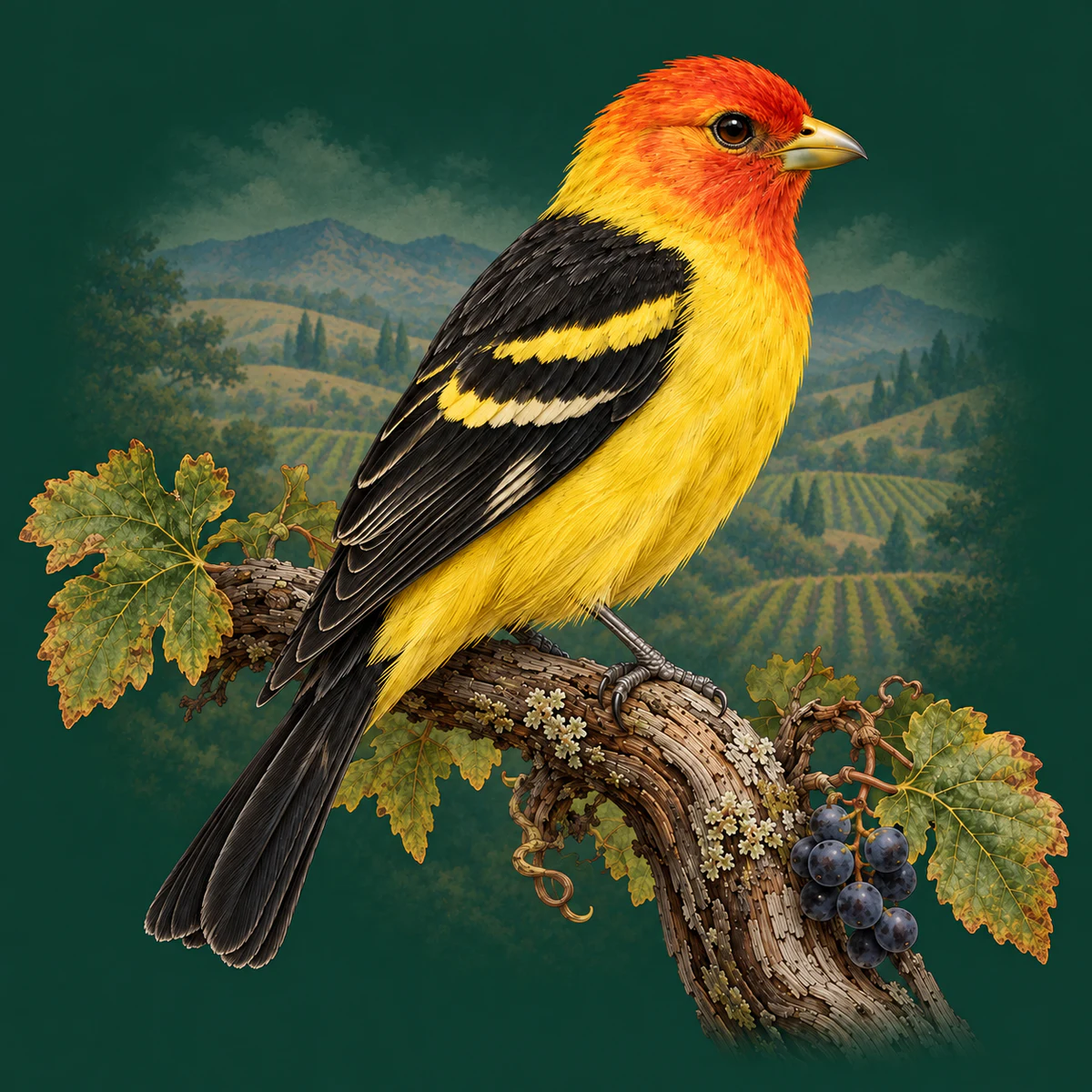 Western Tanager perched on a grapevine in a naturalist illustration