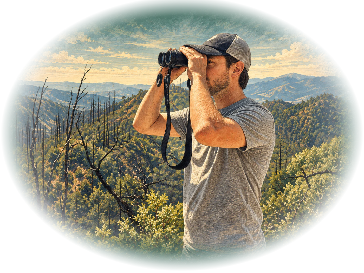 Naturalist-style illustration of Willie birding with binoculars above a Napa and Sonoma hillside