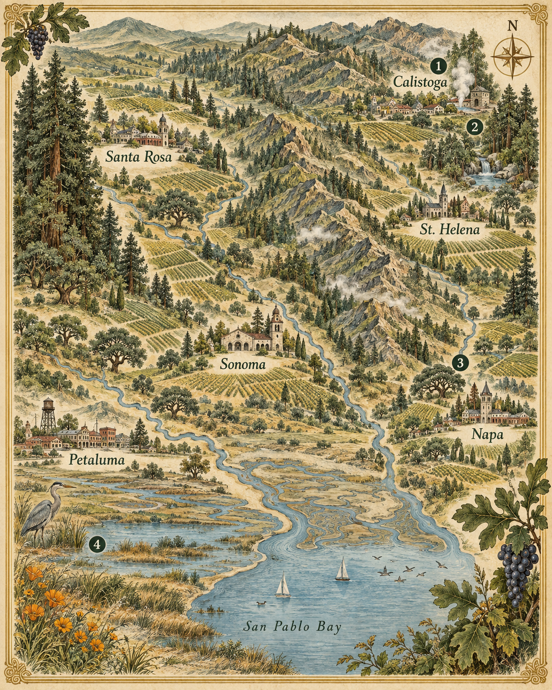 Illustrated Napa and Sonoma landscape map. Checkpoints: 1 Oat Hill Mine Trail, 2 Bothe-Napa Valley State Park, 3 Alston Park, 4 Tolay Lake Regional Park.